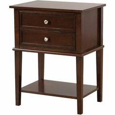 a wooden night stand with two drawers on one side and an open drawer on the other