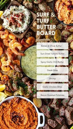 Compound Butters in Dishes on a Cutting Board with Steak, Chicken, Shrimp, and Potatoes to make a Super Bowl Inspired Butter Board. Shrimp And Potatoes, Surf N Turf Recipes, Chili Butter, Chive Butter, Butter Boards, Charcuterie Board Meats, Superbowl Food, Butter Board, Compound Butters