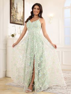 Lace Sage Green Dress, Sage Green Floral Dress Prom, Sage Green Floral Dress Formal, Glittery Sage Green Prom Dress, Sage Green Prom Dress Sequin, Court Train Prom Dress, Prom Dress With Split, Summer Bridesmaids, Dress With Split