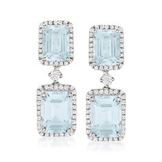 Ross-Simons - 4.90ct t. w. Aquamarine, .45ct t. w. Diamond Drop Earrings in 14kt White Gold. Shine bright like the brilliant blue sky with 4.90 ct. t. w. emerald-cut aquamarines within frames of .45 ct. t. w. round brilliant-cut diamonds. The perfect pair of drop earrings for any formal function. Set in polished 14kt white gold. Hanging length is 3/4". Clip/post, diamond and aquamarine drop earrings. Aquamarine birthstones are the perfect gift for March birthdays. Formal Baguette-cut Earrings With Diamond Accents, Formal Baguette Cut Earrings With Diamond Accents, March Birthdays, Semi Precious Earrings, Aquamarine Birthstone, Bride Outfits, Aquamarine Earrings, Royal Jewels, Rare Gems