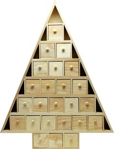 a wooden christmas tree made out of drawers with knobs on the bottom and sides