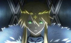 an anime character with long blonde hair and green eyes, standing in front of a dark background