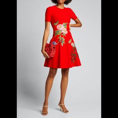 Oscar De La Renta Day Dress With Floral Embroidery Details. Crew Neckline. Short Sleeves. A-Line Silhouette. Hem Hits Above The Knee. Viscose/Polyester/Lyocell. Made In Italy. Oscar De La Renta’s Playful Jacquard Dress Features A Flattering Fit-&-Flare Size & Fit Fit-&-Flare Silhouette About 38” From Shoulder To Hem Model Measurements: 5'10” Tall Model Is Wearing A Us Size 4 Red Floral Embroidered A-line Dress, Designer Red Summer Dresses, Red Fitted Embroidered Dress, Designer Red Dresses For Summer, Designer Fitted Dress With Floral Embroidery, Fitted Red Embroidered Floral Print Dress, Designer Fitted Embroidered Dresses, Fitted Red Embroidered Dress With Floral Print, Fitted Red Embroidered Floral Dress