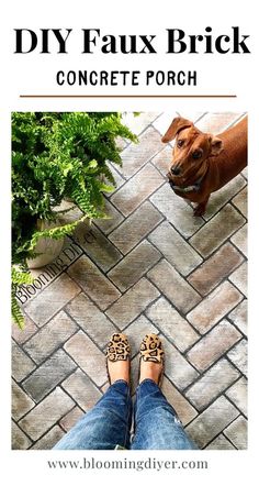 a person standing next to a dog on top of a brick floor with the words diy faux brick concrete porch