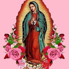 the virgin mary is surrounded by flowers and roses on a pink background with an ornate border