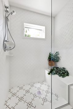 a white tiled bathroom with a shower and plant in the corner on the counter top