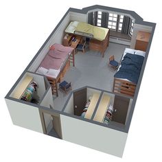 an overhead view of a bedroom and living room in a small house or dorme