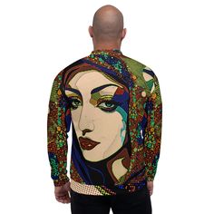 Add a little zing to your wardrobe with this vibrant All-Over Print Bomber Jacket. Whether you're layering it on a basic t-shirt or a warm hoodie, this jacket is a versatile fashion statement that's sure to turn heads. Made from 100% polyester with a brushed fleece inside, it offers both style and comfort. The unisex fit, sturdy construction with overlock seams, silver YKK zipper, and two self-fabric pockets make it a practical yet fashionable choice. Each jacket is uniquely customizable, making Artistic Long Sleeve Outerwear For Fall, Artsy Long Sleeve Outerwear With Graphic Print, Artistic Long Sleeve Fall Outerwear, Artistic Fitted Long Sleeve Outerwear, Artsy Multicolor Long Sleeve Outerwear, Artistic Multicolor Long Sleeve Outerwear, Artistic Multicolor Winter Outerwear, Trendy Streetwear, Print Jacket