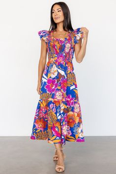 Dominique Midi Dress | Cobalt + Fuchsia Multi Summer Fair, Traveling Abroad, Baltic Born, Summer Adventures, Fuchsia Pink, Cup Size, Flutter Sleeves, Pink Orange, Flutter Sleeve