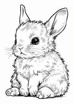 a black and white drawing of a rabbit sitting on the ground with its eyes open