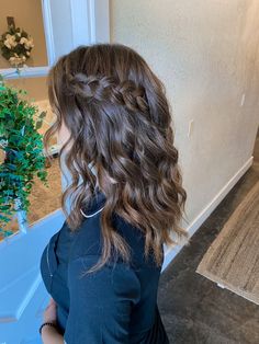 tight wand curls with single dutch braid and front framing pieces Curls Hairstyles With Braids, Hair Styles Curls And Braids, Braid Hair Bridesmaid, Prom Hairstyles Two Braids, Prom Hair With Braid Down, Curls With A Braid Hairstyles, Down Do With Braid, Braid And Curled Hairstyles, Braided Curled Hair