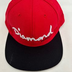 Diamond Supply Co Red Black Logo Baseball Cap Hat One Size (7a) Red Flat Brim Fitted Hat For Streetwear, Red Flat Bill Hat For Streetwear, Red Fitted Cap For Streetwear, Red Hip Hop Hat, One Size Fits Most, Red Hip Hop Snapback Hat, Red Hip Hop Hat One Size Fits Most, Red Hip Hop Fitted Hat For Streetwear, Red Fitted Hat With Curved Brim For Streetwear, Trendy Red Flat Bill Hat