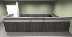 an office cubicle with counter tops and cabinets