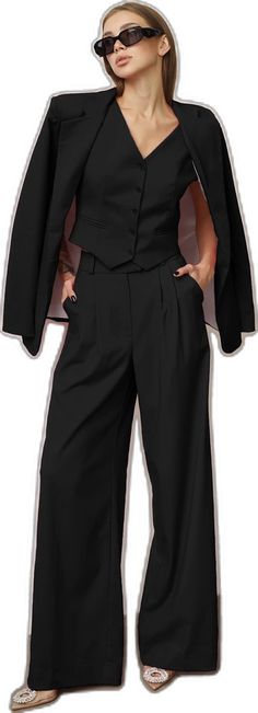 Fitted Black Pants For Wedding, Elegant Black Sets For Costume Party, Elegant Black Bottoms For Wedding, Elegant Black Wedding Bottoms, Tailored Suits For Party, Elegant Bottoms For Costume Party, Fitted Black Pants For Costume Party, Black Tuxedo Style Party Bottoms, Black Pantsuit