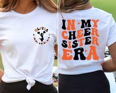 In My Cheer Sister Era Shirt, In My Cheer Sis Era, Cheerleading T-Shirt, Cheer Shirt, New Sister T-Shirt, Cheerleader Gifts, Gift for her Thank you so much for choosing us! How To Order 1️⃣ Please review all the information provided before placing an order. 2️⃣ Select the shirt type and size using the drop down menu. 3️⃣ Select the color of the shirt using the following drop down menu. 4️⃣ Once all your desired items are in your cart you may complete your order by entering your payment method, d White Cheerleading T-shirt With Name Print, White T-shirt With Name Print For Cheerleading, White T-shirt With Text Print For Cheerleading, Cheer Sister Shirts, Cheerleading Tshirts, Cheerleader Gift, Cheerleader Gifts, Cheerleading Shirts, Cheer Shirt