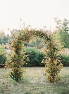 an arch made out of branches and flowers in the middle of a grassy area with trees