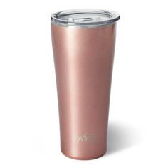 the swig tumbler is shown in rose gold