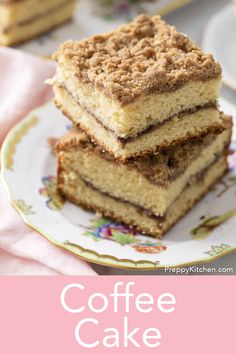 three pieces of coffee cake stacked on top of each other