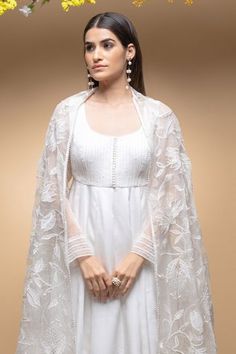 Shop for Sanjev Marwaaha Ivory Chanderi Bodice Embroidered Anarkali With Dupatta for Women Online at Aza Fashions Ivory Anarkali, Organza Applique, Sheer Dupatta, Anarkali With Dupatta, Embroidered Anarkali, Applique Work, Thread Embroidery, Floral Applique, Sheer Sleeves