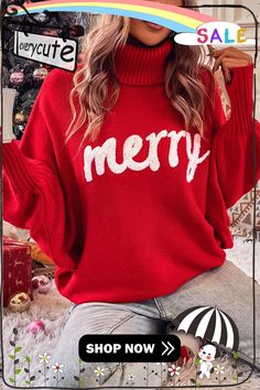 Red Merry Letter Embroidered High Neck Sweater Red Letter Print Sweater For Fall, Oversized Red Sweater With Letter Print, Oversized Winter Sweater With Letter Embroidery, Winter Sweater With Letter Embroidery, Fall Sweater With Embroidered Text, Red Embroidered Crew Neck Sweater, Holiday Embroidered Tops For Fall, Red Embroidered Holiday Tops, Casual Red Embroidered Sweater