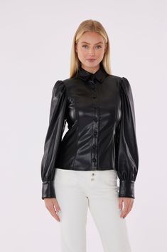 Upgrade your style with our Faux Leather Button-Up Shirt with Puff Sleeves. This premium faux leather shirt boasts elegant puff sleeves that add a touch of sophistication to any outfit. Available in a range of versatile neutrals and delicate pastel colors, it's a versatile piece that effortlessly enhances your fashion game. Stay chic and on-trend with this stylish faux leather shirt. Faux leather Puff sleeves Button up Available in Black, White, Soft Pink, Yellow, and Light Blue Hand wash cold a Faux Leather Shirt, Leather Button Up, Blue Hand, Leather Shirt, Wet Look, Leather Outfit, Puff Sleeve Top, Leather Top, Puff Sleeves