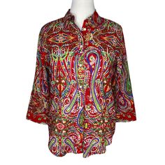 Brand New With Tags! Msrp $89.50 Size Large Color: Red-Multi Full Button Front Closure 3/4 Sleeves Pointed Collar Curved Hem 100% Cotton Machine Washable Flat-Lay Measurements: Shoulders 16" Bust 21" Hem 22.5" Length 27" Sleeves 19.5" Cuff 5" Red Printed Button-up Top, Red Long Sleeve Blouse With Paisley Print, Summer Red Blouse With Paisley Print, Red Blouse With Floral Print And 3/4 Sleeve, Red Printed Top With 3/4 Sleeve, Red Printed 3/4 Sleeve Top, Red Floral Print Blouse With 3/4 Sleeves, Paisley Print 3/4 Sleeve Summer Top, Paisley Print Summer Top With 3/4 Sleeves