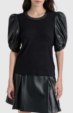 A ribbed-to-fit bodice pairs with puffed faux-leather sleeves in a high-style top that's all in for nights out. Crewneck Elbow-length sleeves 70% viscose, 23% nylon, 7% elastane with 100% polyurethane contrast Machine wash, dry flat Imported Fall Evening Top With Puff Sleeves, Fitted Tops With Elastic Sleeves For Evening, Fitted Tops With Padded Shoulders For Spring, Fitted Evening Tops With Elastic Sleeves, Evening Puff Sleeve Tops For Fall, Fitted Tops With Padded Shoulders For Fall, Chic Tops With Padded Shoulders For Fall, Black Fitted Puff Sleeve Top For Evening, Black Short Sleeve Puff Top For Fall