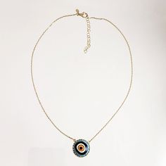 Introducing our stunning Cable Chain with a Hand-Painted 19mm Evil Eye Turkish Pendant in a Decorative Prong Setting. This gold Evil Eye Necklace is the perfect addition to any jewelry collection, with its unique design and intricate detailing. Crafted with care, this necklace features an 18+2 inch chain and a hand-painted Turkish pendant measuring 19mm in size. The evil eye symbol is said to ward off negative energy and bring good luck, making this necklace both beautiful and meaningful. Our Ca Gold Plated Necklace With Round Gold Chain, Handmade Gold Plated Round Pendant Necklace, Handmade Gold Plated Chain Necklace With Round Pendant, Gold-tone Amulet Necklace With Round Pendant, Gold Chain Necklace With Evil Eye As Gift, Gold Chain Medallion Necklaces For Gifts, Gold Chain Necklace With Evil Eye For Gift, Gold Plated Amulet Jewelry With Adjustable Chain, Gold-plated Medallion Necklace With Gold Chain As Gift