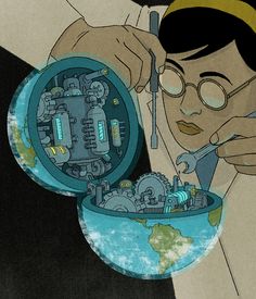 a man with glasses is looking through a magnifying glass while holding a globe