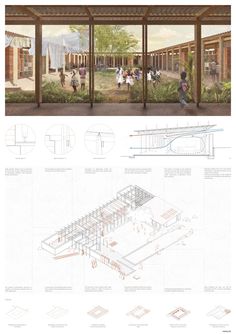 an architectural drawing shows the inside and outside of a building with people walking around it