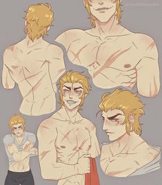 four different poses of a man with blonde hair and no shirt on, one in shorts