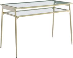 a glass table with metal legs on a white background