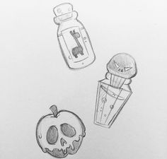 pencil drawing of an apple, skull and medicine bottle