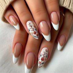 Simple Elegant Gel Nails, Simple Bridesmaid Nail Ideas, Nail Inspo For Work, Work Nail Colors, French Tips With Nail Art, Fall Nails Floral, Boho French Tip Nails, Elegant Floral Nails, Subtle Floral Nails