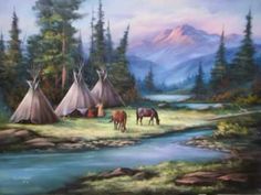 a painting of horses and teepees by a stream