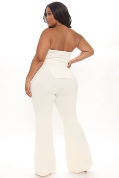 Available In Off White And Hunter. Pant Set Strapless Side Slits Flare Pant Stretch Self: 75% Polyester 20% Rayon 5% Spandex Lining: 100% Polyester Imported | Call My Name Ribbed Pant Set in Off White size Small by Fashion Nova Solid Color Strapless Stretch Jumpsuit With Wide Leg, Stretch Strapless Jumpsuit With Wide Legs, Stretch Strapless Wide Leg Jumpsuit, Solid Ribbed Bottoms For Night Out, White Fitted Strapless Jumpsuit With Wide Leg, Off White Fashion, Flare Pant, Bootcut Pants, Review Fashion