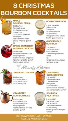 A festive collection of Christmas bourbon cocktails, featuring recipes like Gingerbread Bourbon, Christmas Old Fashioned, and Bourbon Milk Punch, ideal for cozy holiday gatherings. Bourbon Cocktail Winter, Christmas Bourbon Cocktails, Xmas Drinks, Classic Drinks, Bourbon Cocktail Recipe, Christmas Drinks Alcohol, Brandy Cocktails, Bourbon Tasting