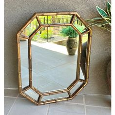 a mirror sitting on top of a tiled floor next to a potted green plant