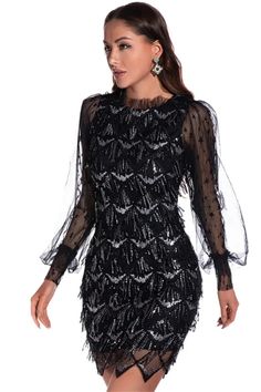 Delight in luxury and style with our Jagged Edge Sequin Fringe Mini Dress. Adorned with a glittering sequin pattern and jagged edge fringing, this exquisite dress will ensure you shine at your next occasion. Desiring a unique look? This dress is the perfect way to express your originality! Decoration Embroidery , Sequined , Tassel Length Above Knee, Mini Style Elegant Fabric Type Mesh , Sequin , Blended fabrics Material Polyester , Lanon Neckline Mandarin Collar Pattern Type Patchwork Silhouette Fringe Mini Dress, Stitching Dresses, Cocktail Dress Vintage, Sequined Dress, Evening Dresses Short, Party Dress Long Sleeve, Long Sleeve Sequin, Vestidos Vintage, Fringe Dress