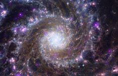 an image of a spiral galaxy with stars in the middle and purple light at the center