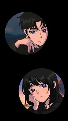 two anime avatars, one with blue eyes and the other with black hair looking at something