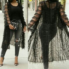 Pleated Sheer Mesh Longline 100% Polyester Non-stretch Black Outerwear For Winter, Chic Fall Cardigan For Party, Chic Fall Party Cardigan, Chic Summer Party Outerwear, Non-stretch Black Outerwear For Spring, Non-stretch Chic Cardigan For Spring, Trendy Open Front Party Outerwear, Chic Spring Cardigan For Parties, Chic Cardigan For Spring Party