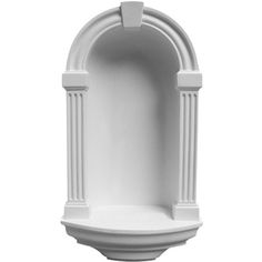 a white pedestal with columns on the top and bottom, in front of a white background