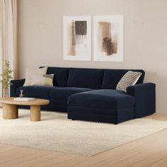 a living room with a blue couch and coffee table