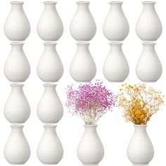 a bunch of white vases with different flowers in them on a white background,