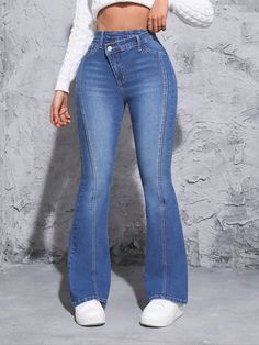 Medium Wash  Collar  Denim Plain Flare Leg Embellished High Stretch  Women Clothing Cheap Trendy Denim Blue Flare Jeans, Cheap High Rise Blue Flare Jeans, Cheap High Waist Washed Blue Flare Jeans, High Rise Distressed Blue Flare Jeans, High Rise Blue Patchwork Flare Jeans, Denim Pants Outfit, Jeans Highwaist, Boho Jeans, Latina Outfits