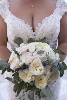 a bride holding a bouquet of flowers in her hands