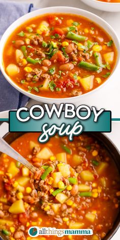 2-image collage showing Cowboy Soup Crock Pot Soups For A Crowd, South Western Soup, Cowboy Supper Crock Pot, Instant Soup Mix Recipes, Easy Cowboy Soup, Aj Spurs Vaquero Soup Recipe, Texas Soup Recipes, Weight Watcher Soups In A Crock Pot, Cowboy Soup Recipe Crock Pot