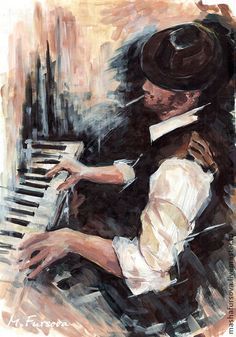 a painting of a man with a hat sitting at a piano and playing the piano