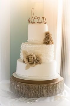 a three tiered cake sitting on top of a table